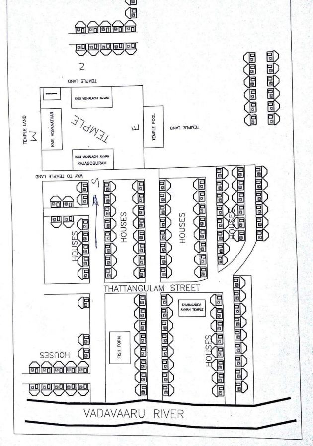 Map showing the Vadavaaru river and the Kashi Vishwanathar temple in Karanthai.
